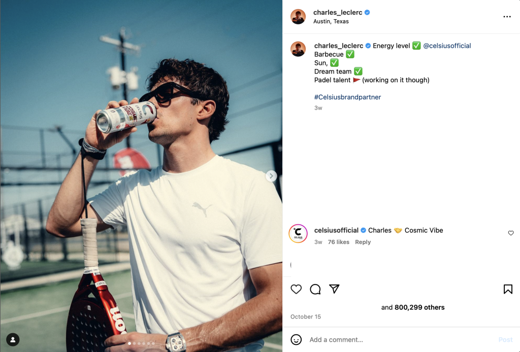 Ceci est une image du partenariat de Charles Leclerc avec la marque Celsius sur son Instagram